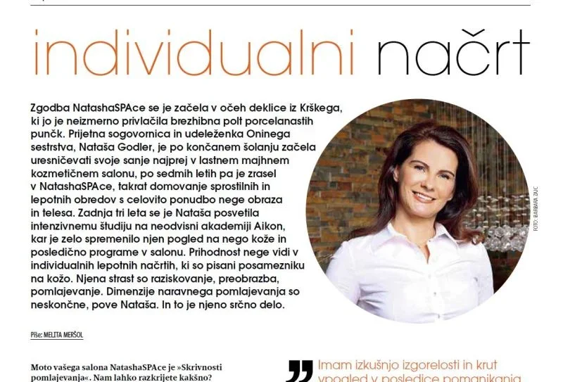 INTERVJU V REVIJI ONA PLUS. O MOJEM DELU, O NEGI KOŽE IN INDIVIDUALNIH LEPOTNIH NAČRTIH